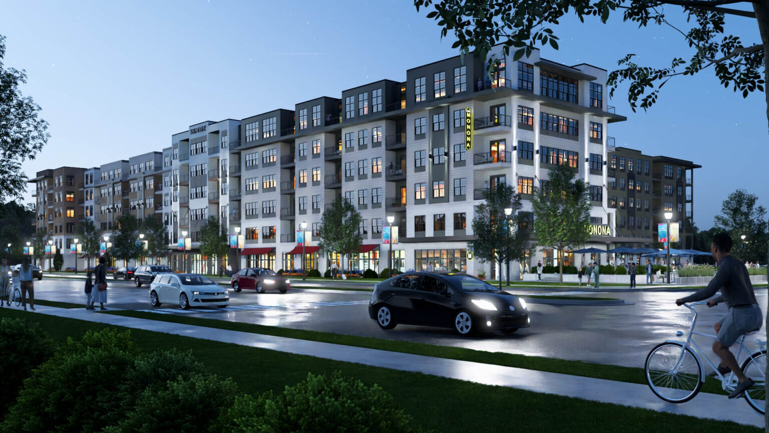 Architectural rendering of The Greenline, a mixed-use development in Monona, WI | designed by JLA Architects