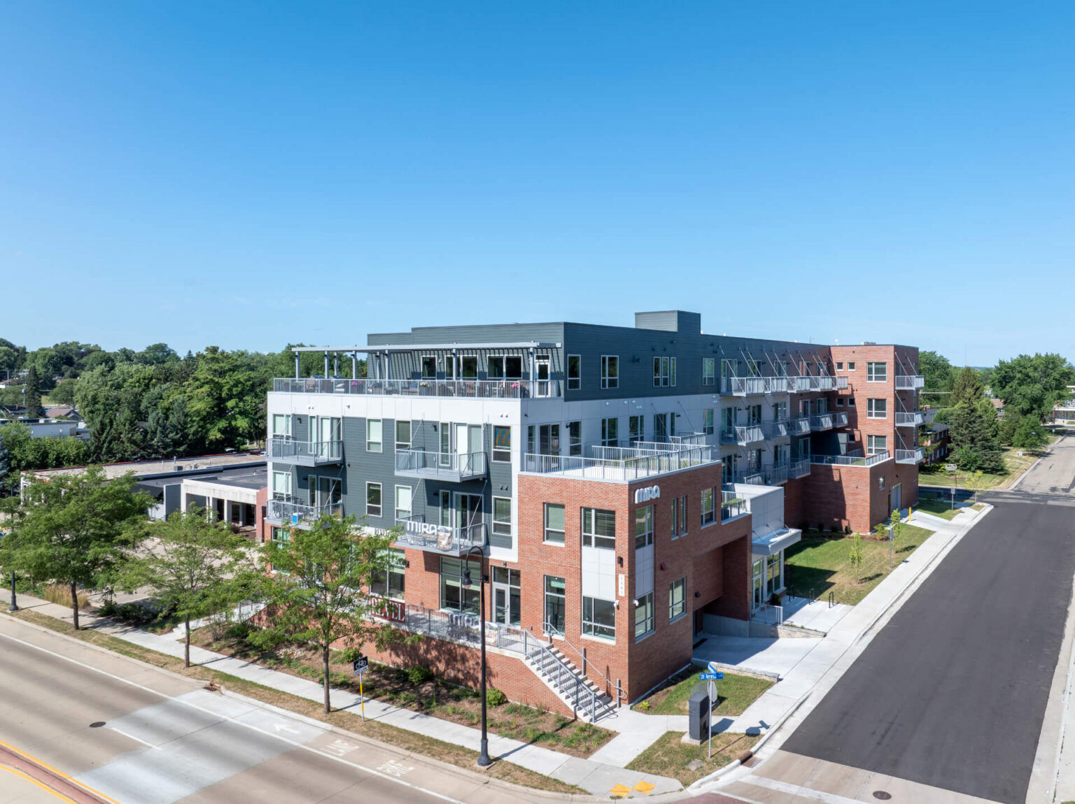 Exterior of Mira, a mixed-use development in Monona, WI, designed by JLA Architects.