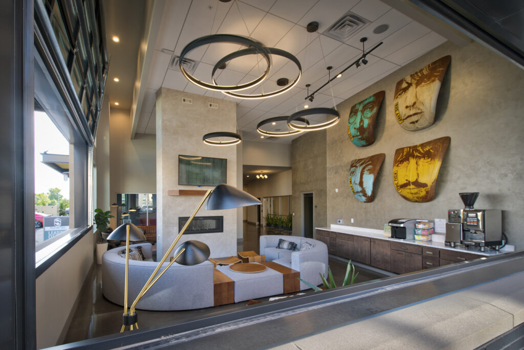 Clubroom and lobby area at Synergy apartments; a mixed-use community near Milwaukee