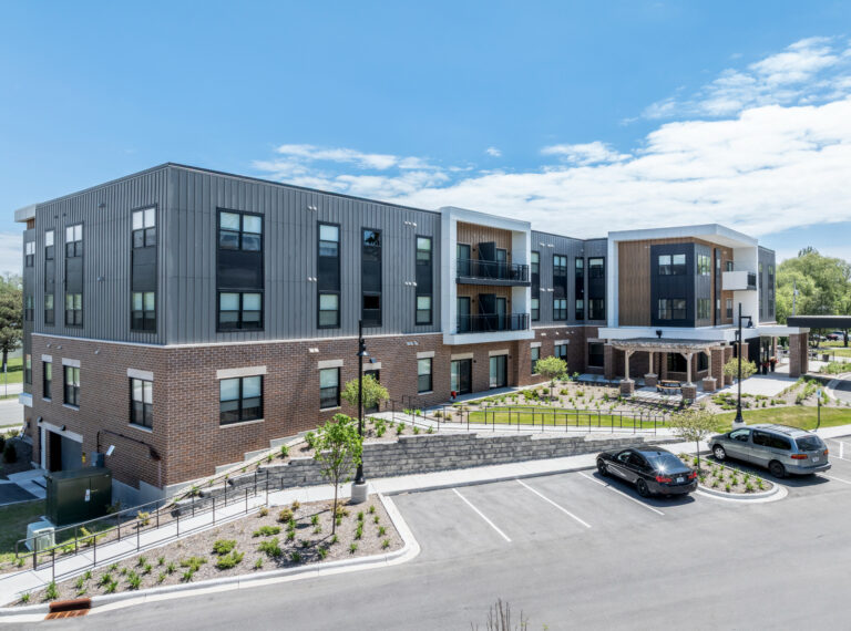 Exterior view of Woodale Crossing, in Brown Deer, WI; Designed by JLA Architects