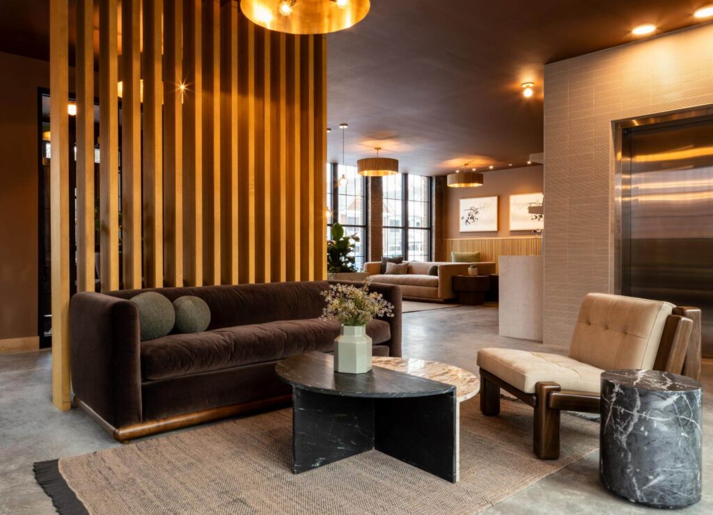 The lobby at The Dylin Aparthotel in Madison, WI | Designed by JLA Architects