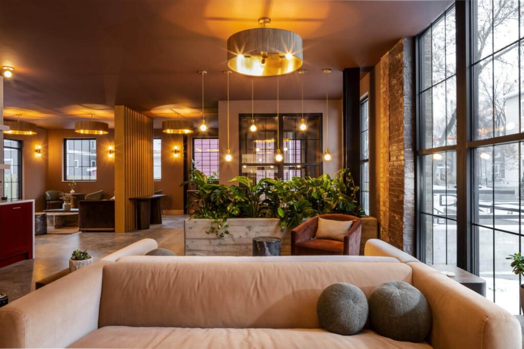 The Lobby at The Dylin Aparthotel in Madison, WI | Designed by JLA Architects